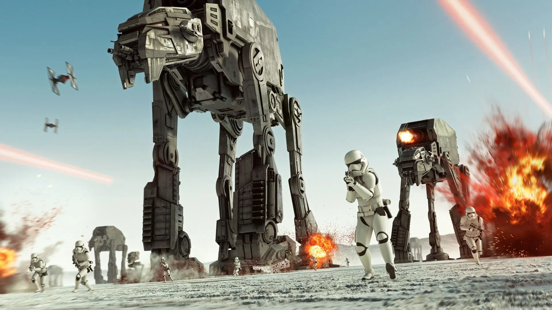 Những chiếc AT-AT khổng lồ hành quân qua cảnh quan tuyết giá trong Star Wars Battlefront II, minh họa đồ họa ấn tượng và quy mô trận chiến.