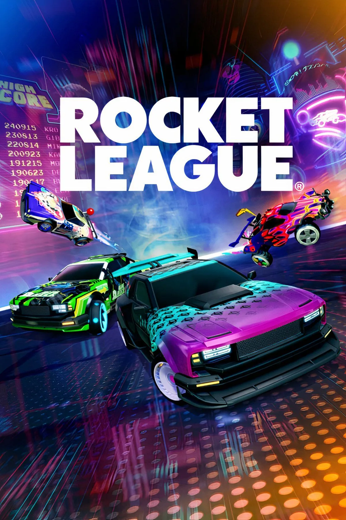 Những chiếc xe tên lửa đang tranh giành bóng đá trong game Rocket League, thể hiện sự hỗn loạn và vui nhộn.