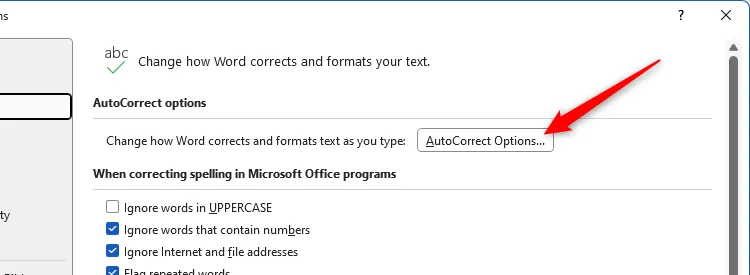 Nút &quot;AutoCorrect Options&quot; trong cửa sổ Tùy chọn Word, dẫn đến cài đặt AutoCorrect.