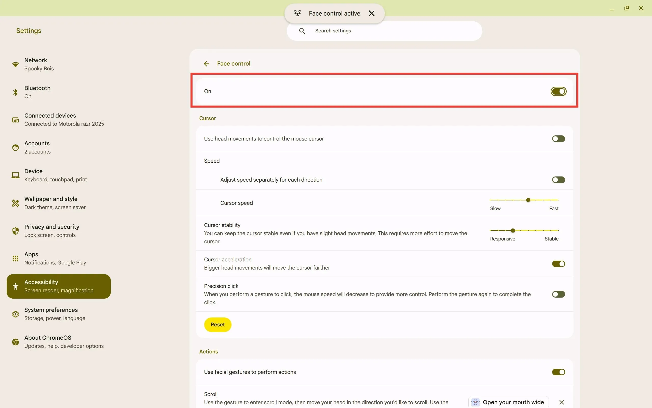 Nút bật/tắt tính năng Face Control trong menu cài đặt của Chromebook, cho phép người dùng kích hoạt hoặc vô hiệu hóa.