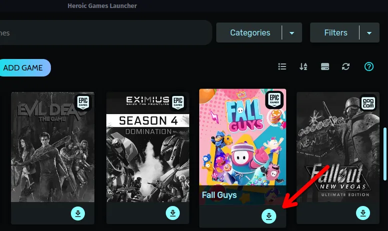 Nút cài đặt trò chơi Fall Guys trong giao diện Heroic Games Launcher trên Linux.