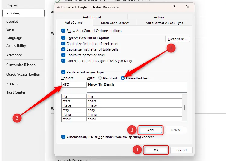 Nút chọn &quot;Formatted Text&quot; được tích trong hộp thoại AutoCorrect của Microsoft Word, với văn bản &quot;How-To Geek&quot; hiển thị in đậm, minh họa định dạng.