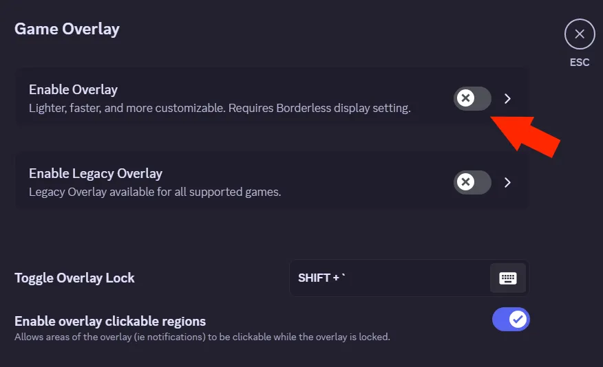 Nút gạt &quot;Enable Overlay&quot; trong cài đặt Game Overlay của Discord đã được tắt để vô hiệu hóa tính năng