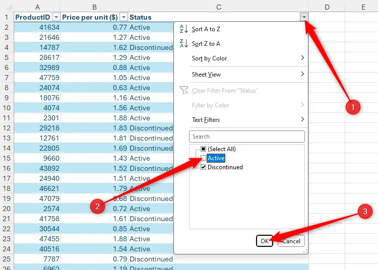 Nút lọc trên cột Trạng thái trong Excel được kích hoạt, bỏ chọn &quot;Active&quot; để hiển thị các mục ngừng kinh doanh