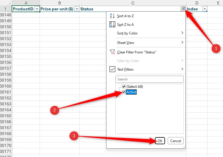 Nút lọc trên cột Trạng thái trong Excel được kích hoạt, chọn lại &quot;Active&quot; để hiển thị tất cả các mục còn hoạt động