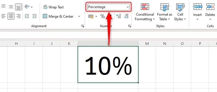 Ô Excel L1 hiển thị giá trị phần trăm và định dạng số tương ứng trong nhóm Number trên tab Home.
