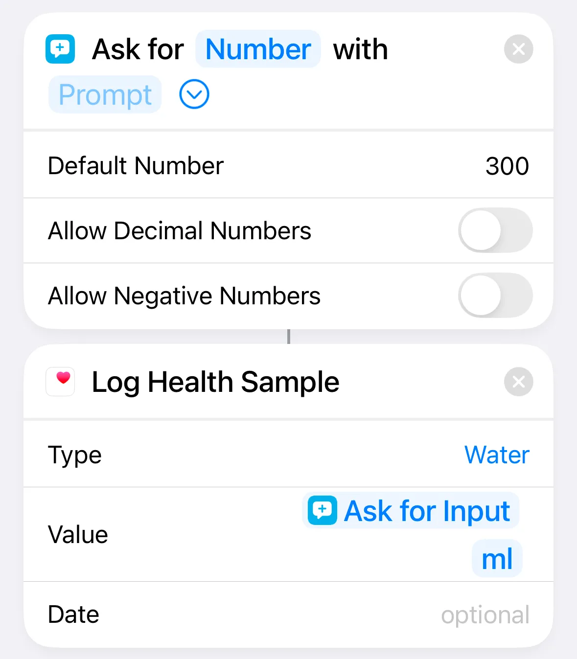 Phím tắt &quot;Ghi Nước Uống&quot; đã hoàn thiện trên iPhone, hiển thị các bước yêu cầu nhập lượng nước và ghi dữ liệu vào ứng dụng Sức khỏe, giúp theo dõi lượng nước tiện lợi qua Apple Watch.