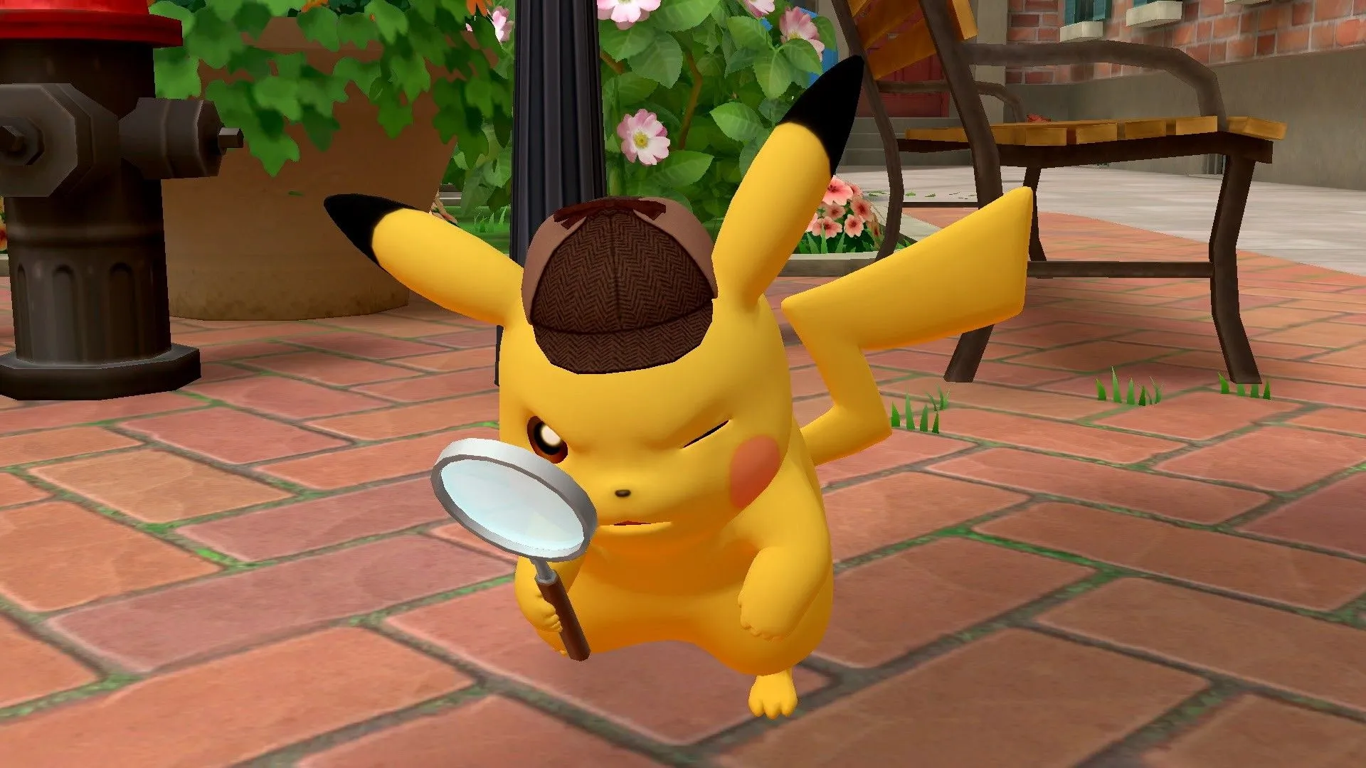 Pikachu đội mũ thám tử, nhìn qua kính lúp, đang điều tra