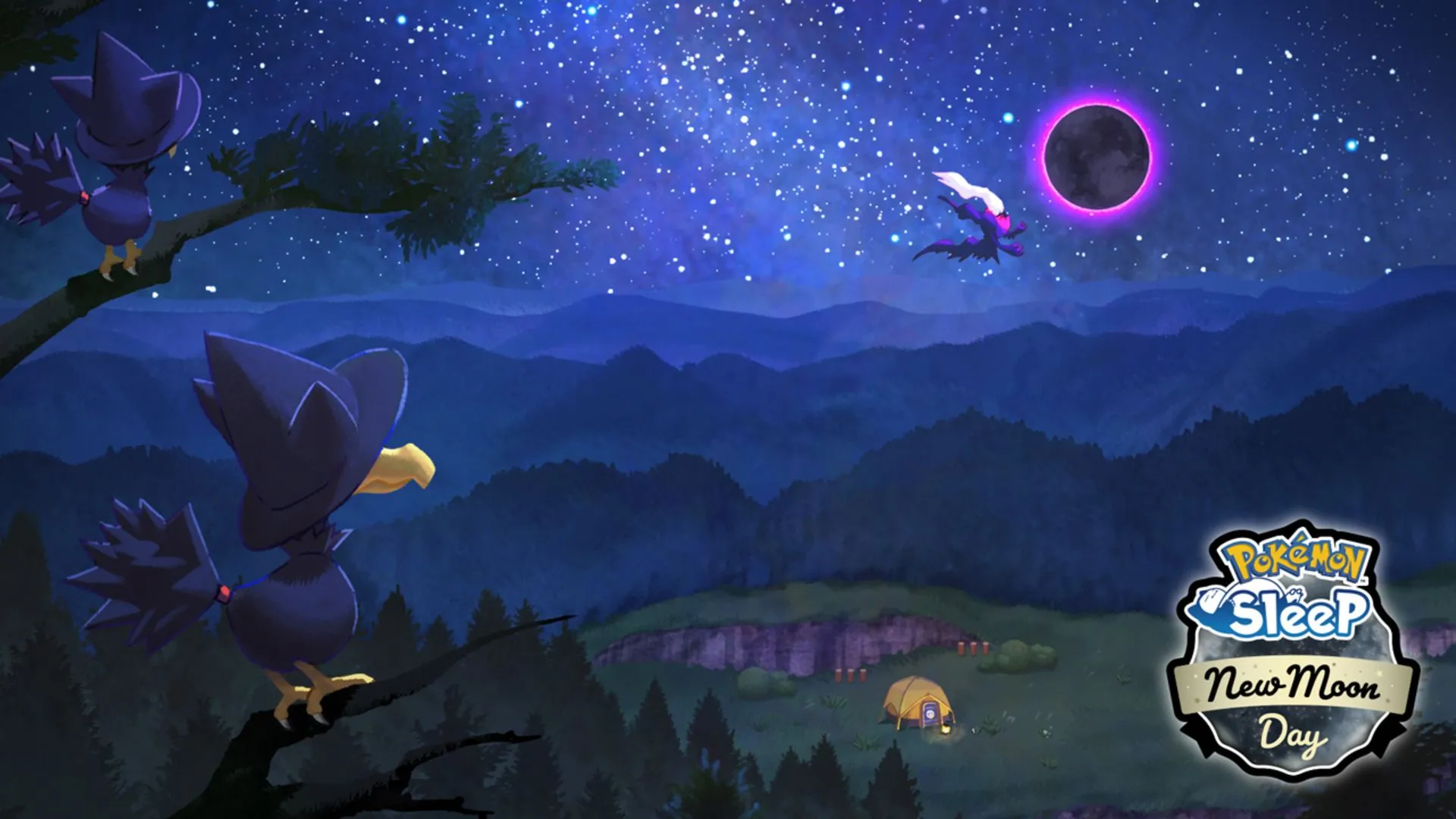 Pokémon Murkrow và Darkrai xuất hiện trong khung cảnh đêm tối của ứng dụng Pokémon Sleep, minh họa cho việc theo dõi giấc ngủ.