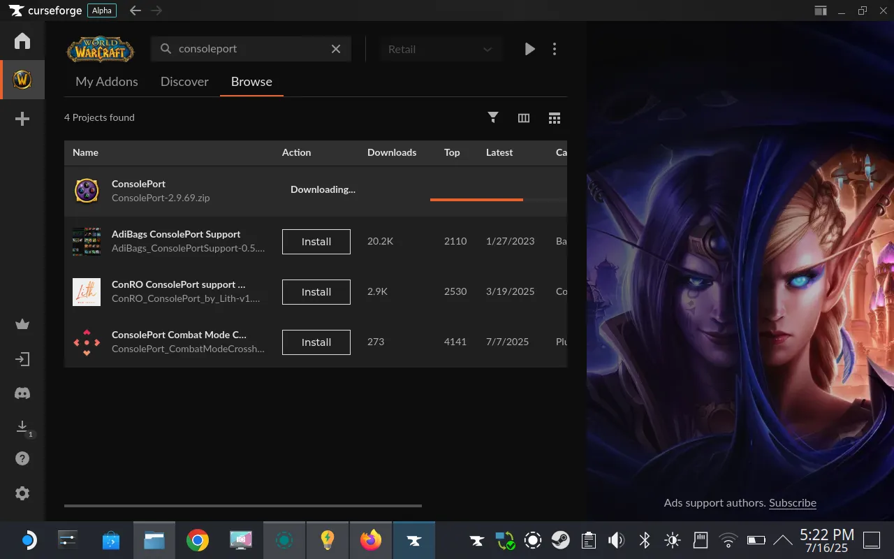Quá trình cài đặt mod ConsolePort cho World of Warcraft qua CurseForge trên Steam Deck