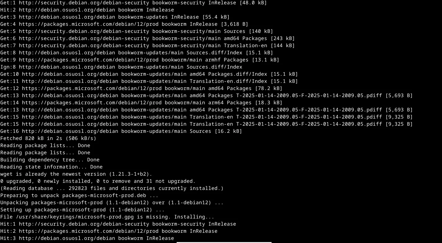 Quá trình cài đặt PowerShell được thực hiện trong cửa sổ Terminal của Debian.