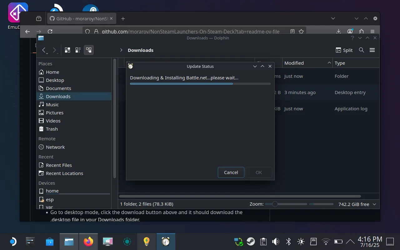 Quá trình NonSteamLaunchers tự động tải xuống và cài đặt Battle.net trên Steam Deck