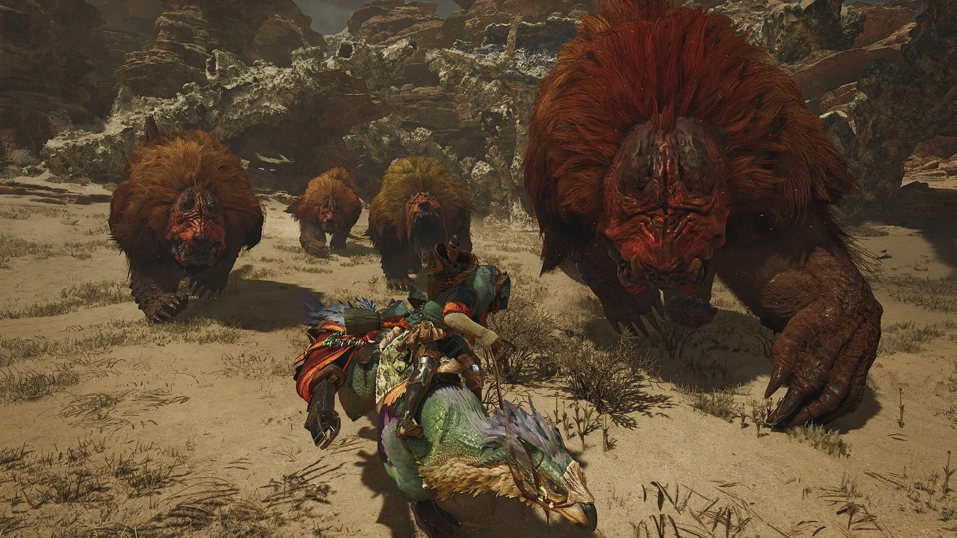 Quái vật bay đang tấn công người chơi trong một khu vực hiểm trở của Monster Hunter Wilds.