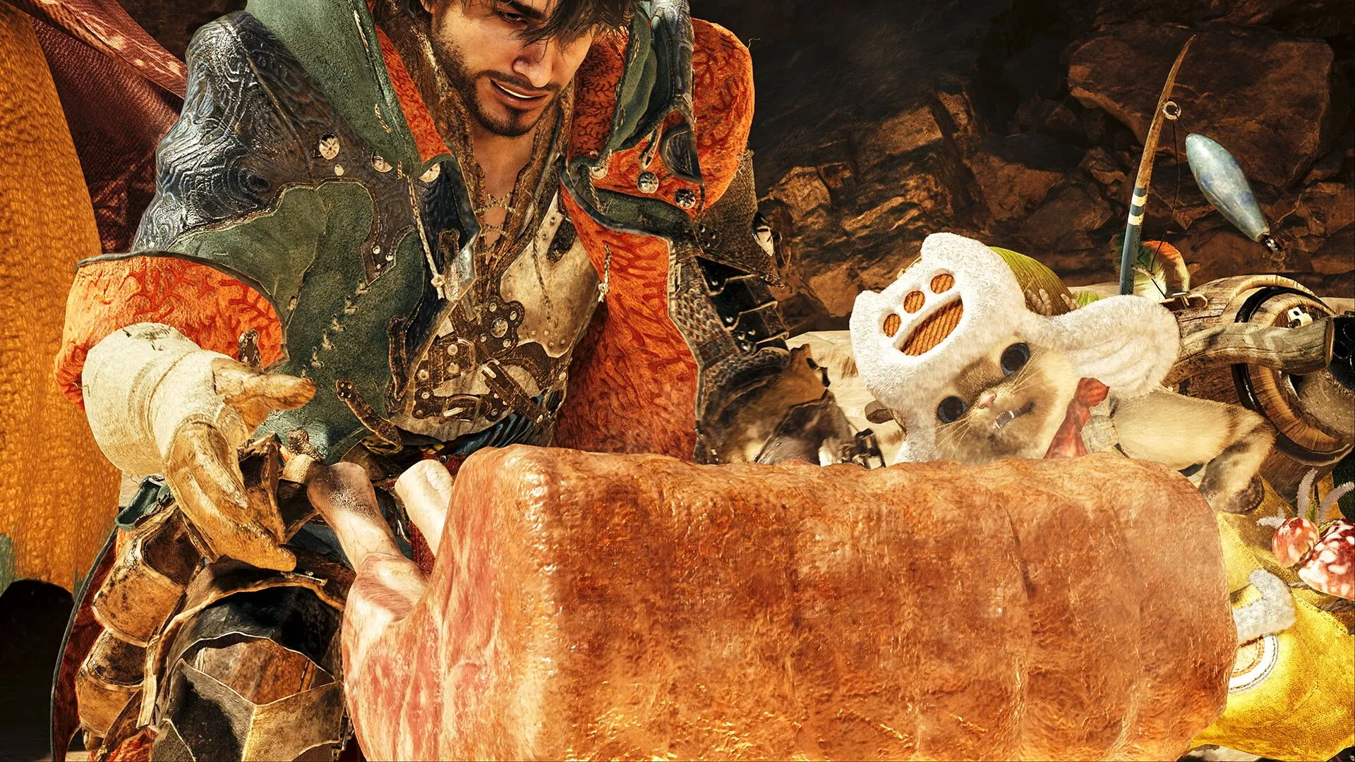 Quái vật lớn đang bị săn đuổi bởi nhiều thợ săn trong Monster Hunter Wilds, thể hiện chế độ chơi co-op.