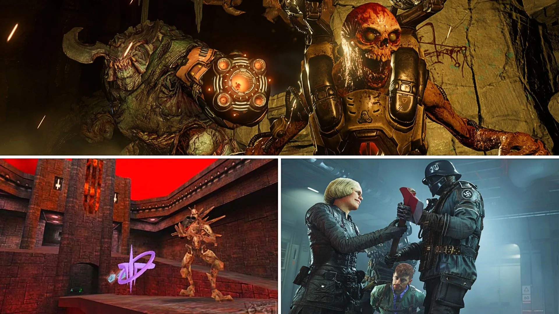 Quái vật từ Doom, kẻ thù trong Quake 3 Arena và Blazkowicz trong Wolfenstein 2, thể hiện sự liên kết của id Software.