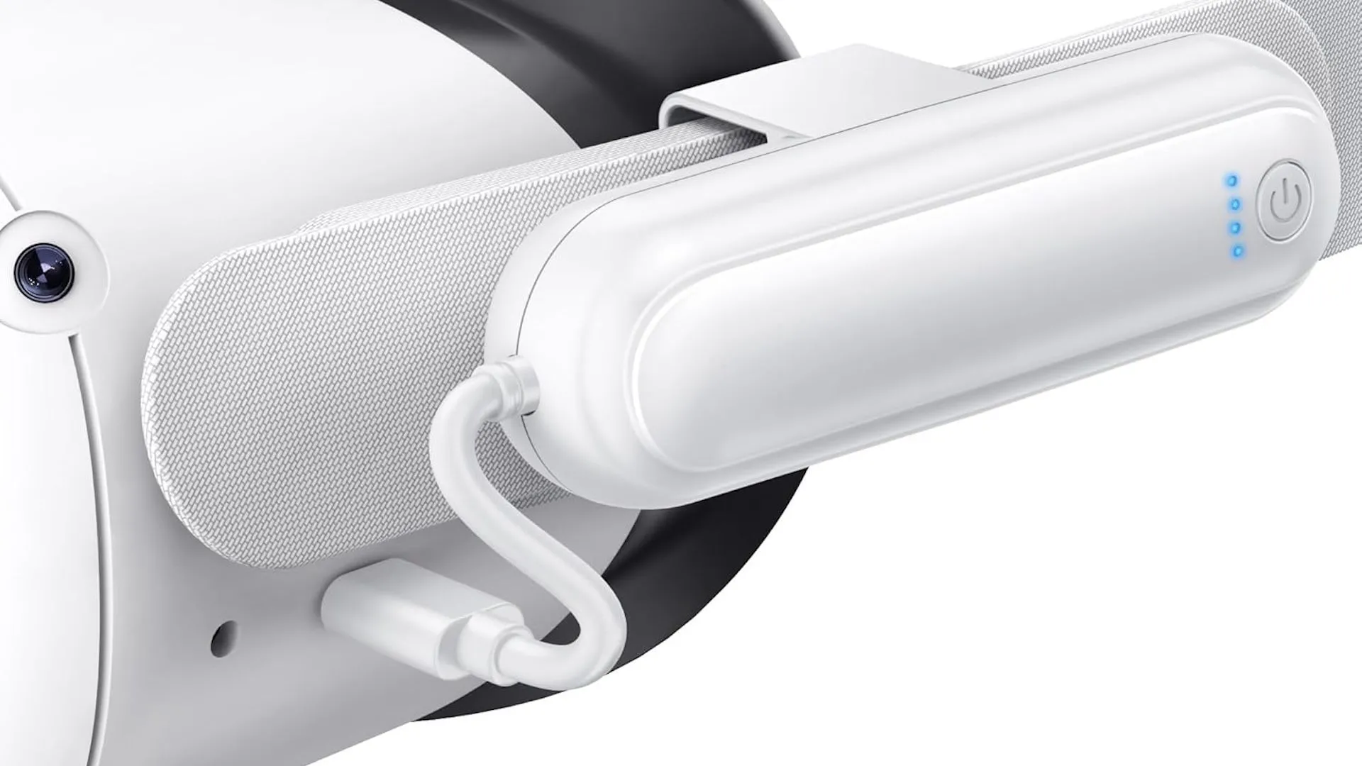 Sạc dự phòng được kẹp vào dây đeo của kính Meta Quest 3, minh họa cách nó cung cấp nguồn điện bổ sung