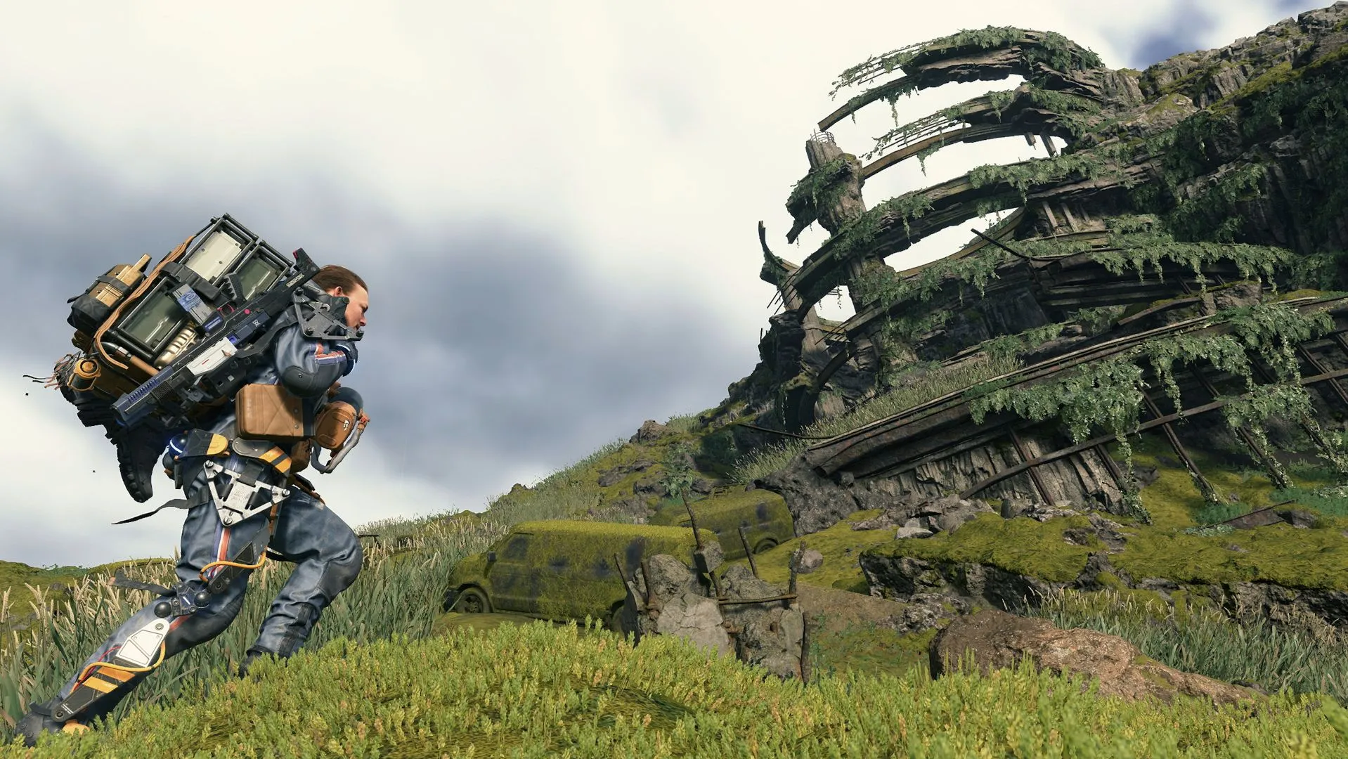 Sam Porter Bridges, nhân vật chính của Death Stranding, đang vận chuyển gói hàng trong một thế giới hậu tận thế, thể hiện lối chơi độc đáo và gây tranh cãi.