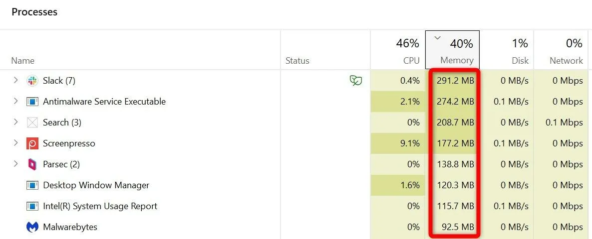 Sắp xếp các tiến trình theo mức sử dụng RAM giảm dần trong Task Manager để dễ dàng theo dõi.