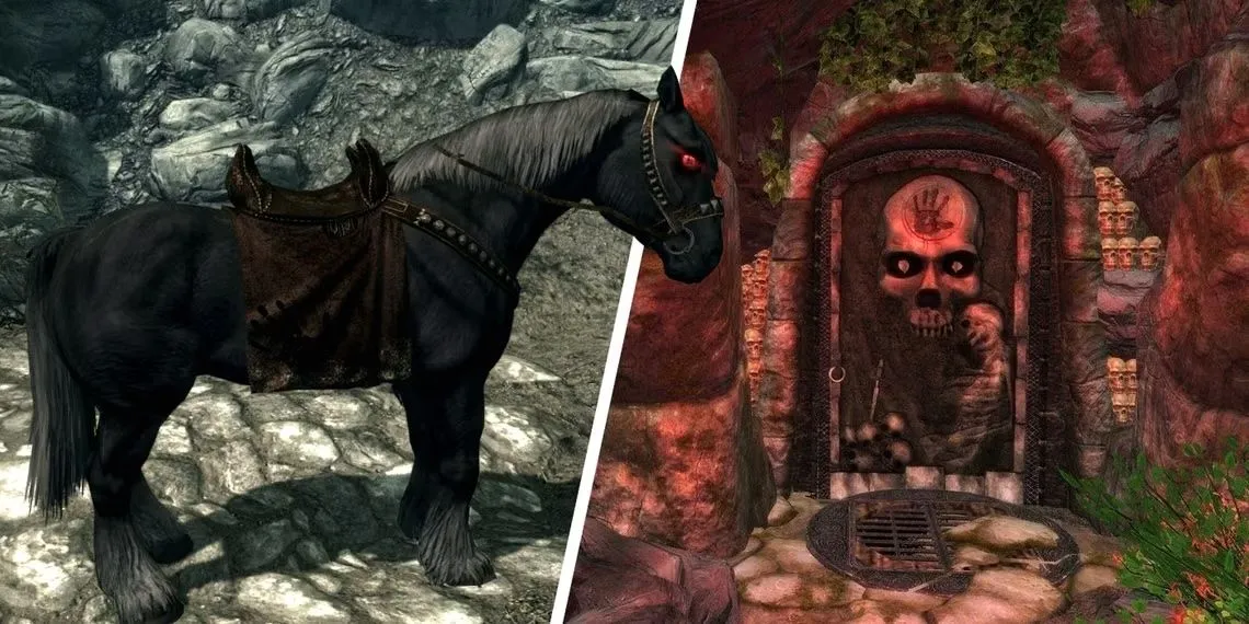 Shadowmere, chú ngựa ma quái với đôi mắt đỏ rực, nổi lên từ hồ nước trong The Elder Scrolls V: Skyrim