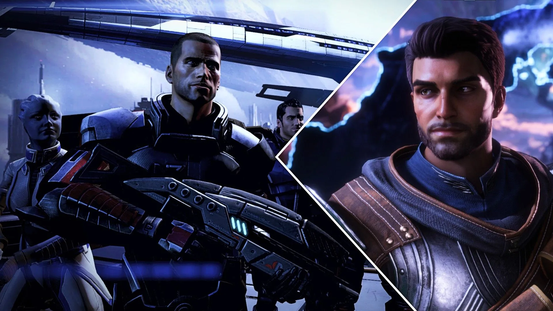 Shepard và Liara trước tàu Normandy trong Mass Effect, cùng chiến binh từ Dragon Age, gợi ý liên kết vũ trụ BioWare.