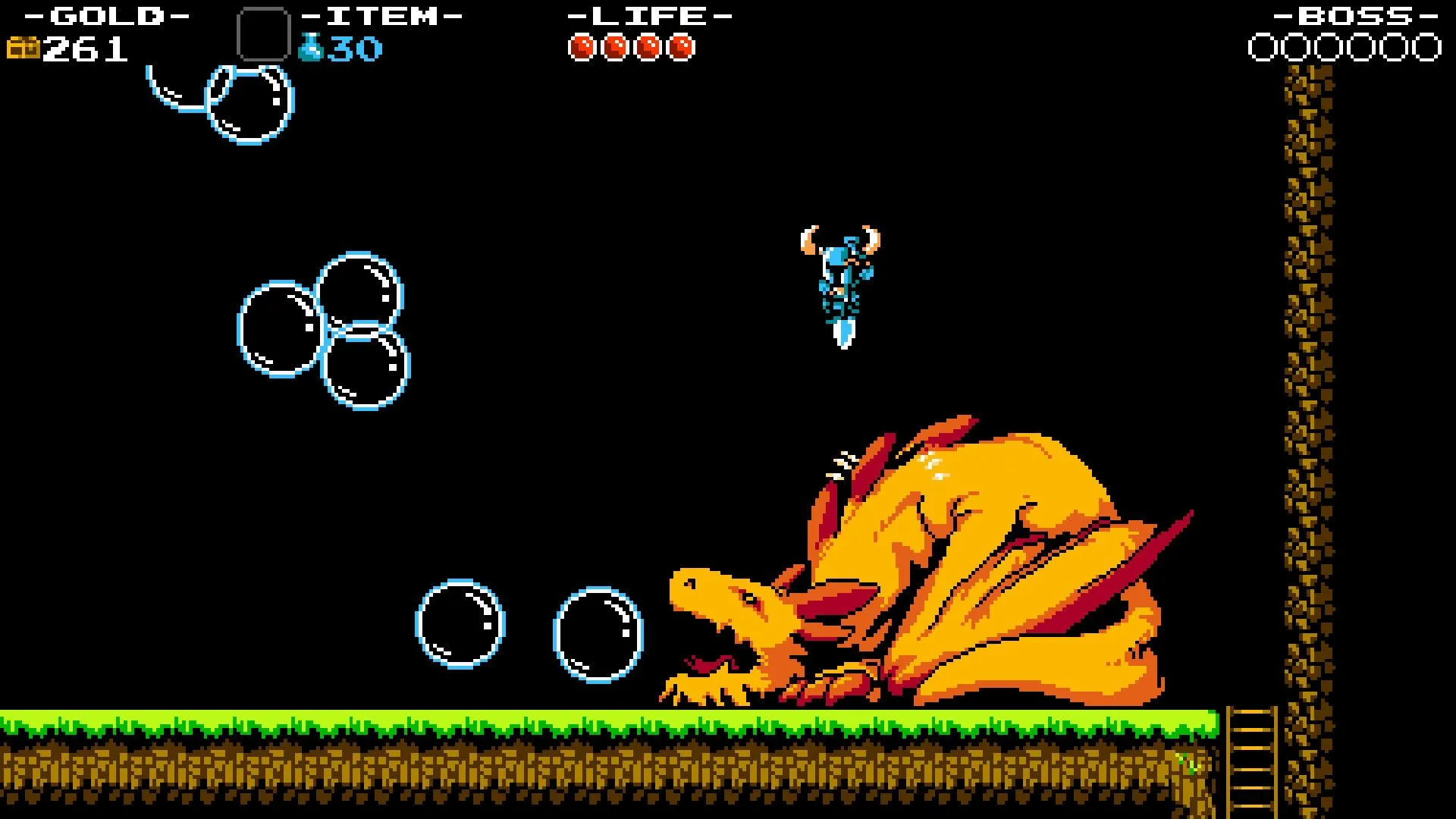 Shovel Knight đối đầu trùm rồng bong bóng trong game platformer 2D