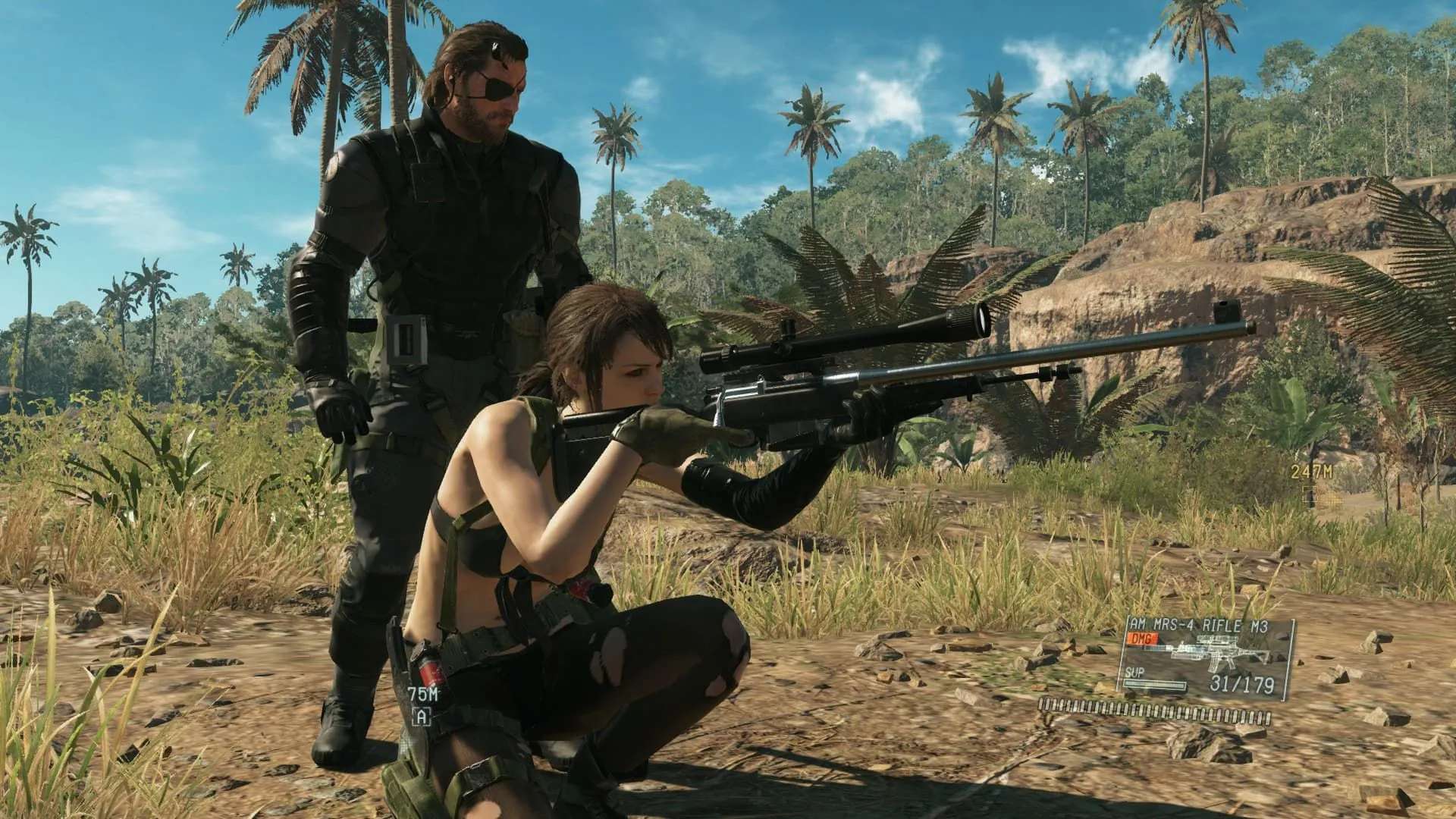 Snake và Quiet trong Metal Gear Solid V: The Phantom Pain, game hành động lén lút trên Fox Engine.