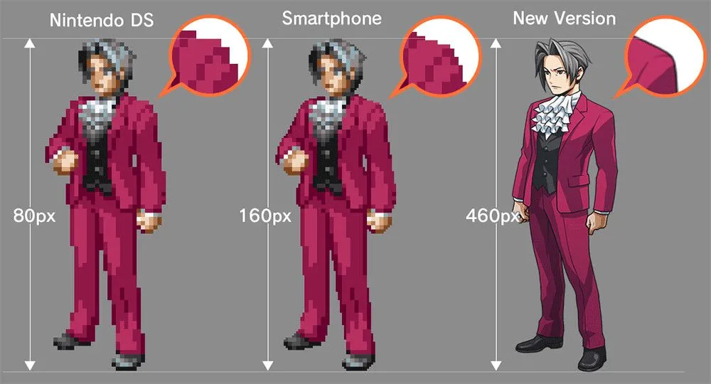So sánh chi tiết đồ họa sprite trong các phiên bản Ace Attorney Investigations, minh họa sự khác biệt của remaster 2D