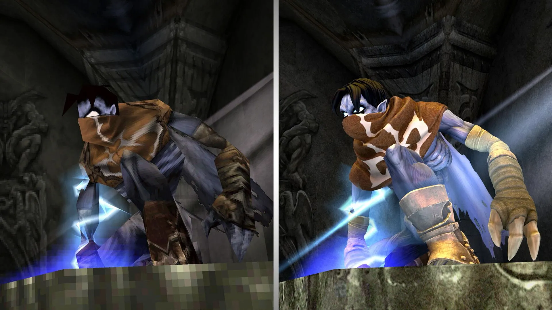 So sánh đồ họa giữa phiên bản PlayStation 1 và Remastered của game The Legacy of Kain: Soul Reaver, thể hiện sự khác biệt rõ rệt.