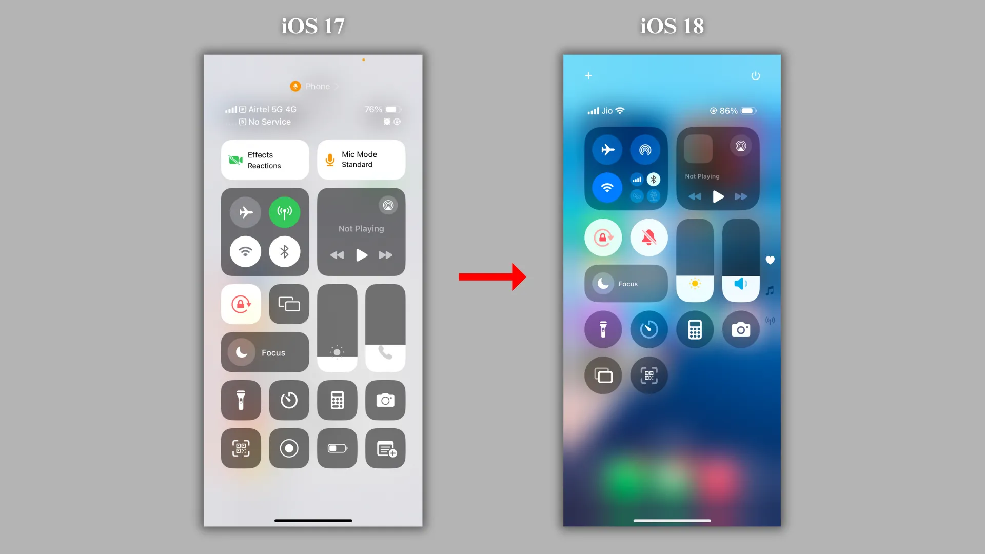 So sánh giao diện Control Center trên iOS 17 và iOS 18 cho thấy sự thay đổi vị trí các nút cài đặt