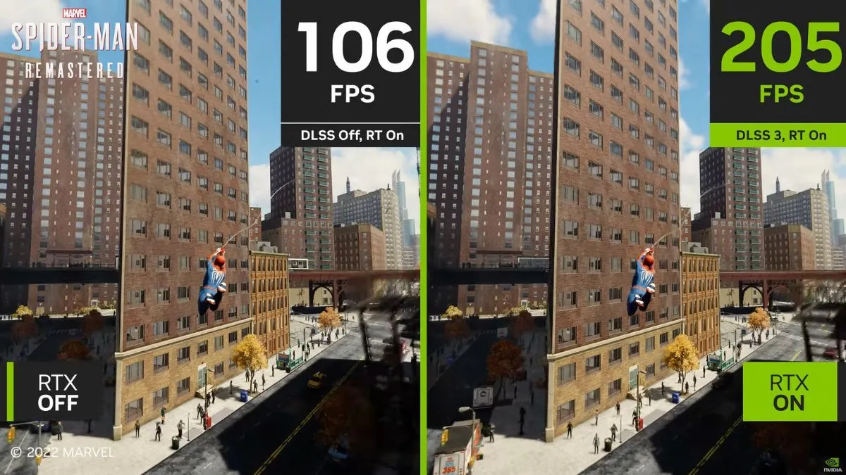 So sánh hiệu năng game Spider-Man Remastered khi bật và tắt công nghệ NVIDIA DLSS 3, minh họa khả năng tạo khung hình