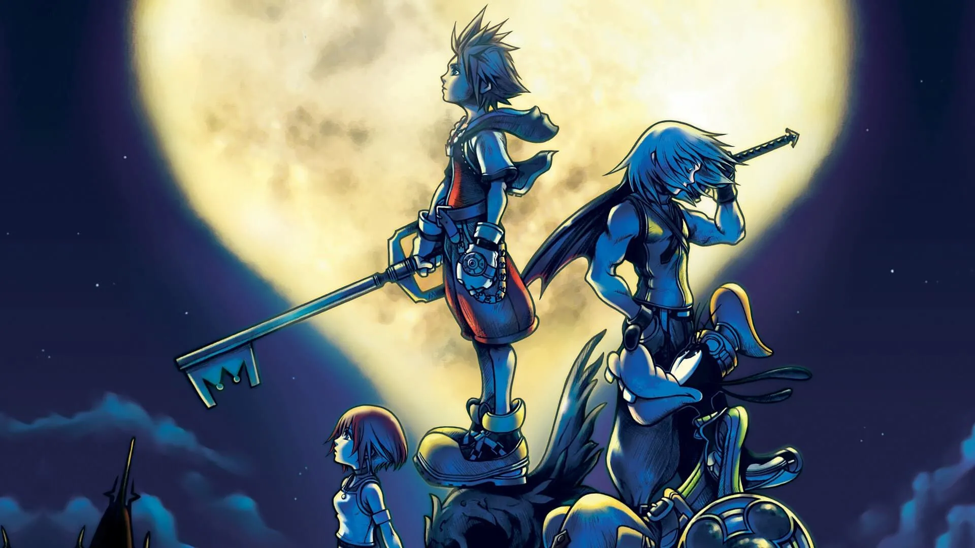 Sora, Riku, Kairi và Goofy trên bìa game Kingdom Hearts gốc, đại diện cho một series có cốt truyện phức tạp và nhiều nhân vật crossover.