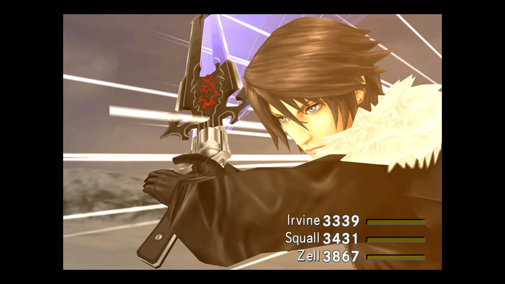 Squall Leonhart sử dụng súng kiếm Gunblade trong game Final Fantasy VIII, minh họa vũ khí lai