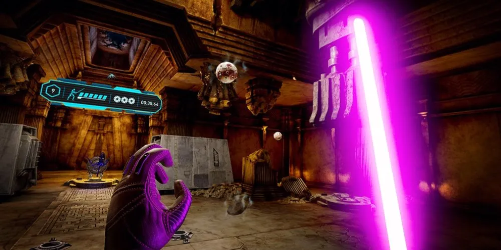 Star Wars Vader Immortal: Người chơi luyện tập lightsaber trong phòng tập.