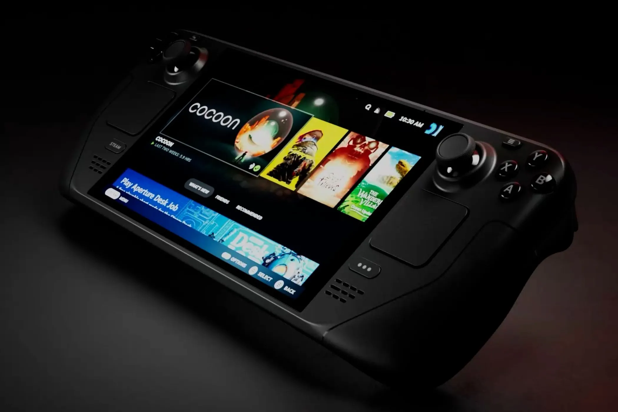 Steam Deck OLED với màn hình sáng rõ đang hiển thị giao diện game, đặt trong môi trường tối, biểu tượng cho giải pháp chơi game hiệu quả.