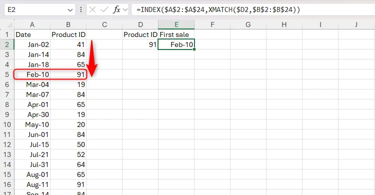Sử dụng hàm INDEX và XMATCH trong Excel để trả về ngày bán đầu tiên với mặc định khớp chính xác
