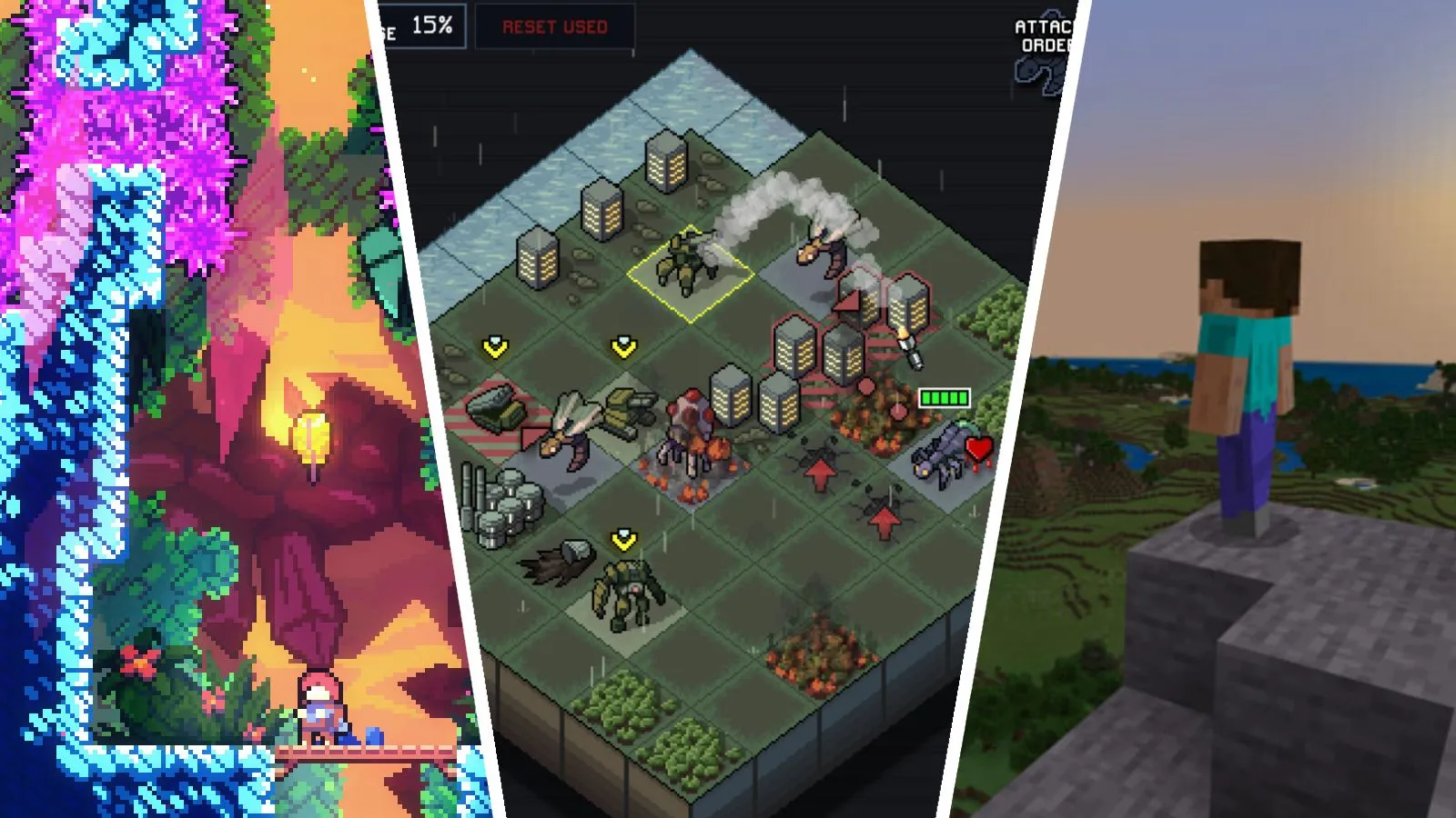 Tập hợp hình ảnh các tựa game được đánh giá cao về giá trị chơi lại và chất lượng như Celeste, Into the Breach và Minecraft.