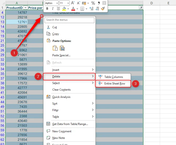 Tất cả các ô trong bảng Excel đã lọc được chọn, tùy chọn &quot;Entire Sheet Row&quot; trong menu Delete được tô sáng để xóa dòng