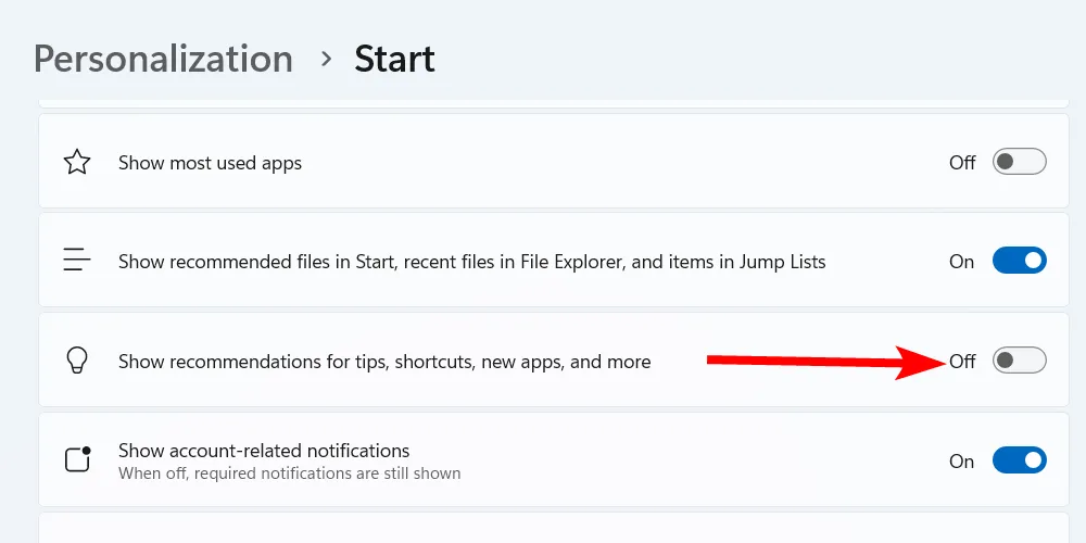Tắt các gợi ý và quảng cáo khó chịu trong Start Menu của Windows 11.