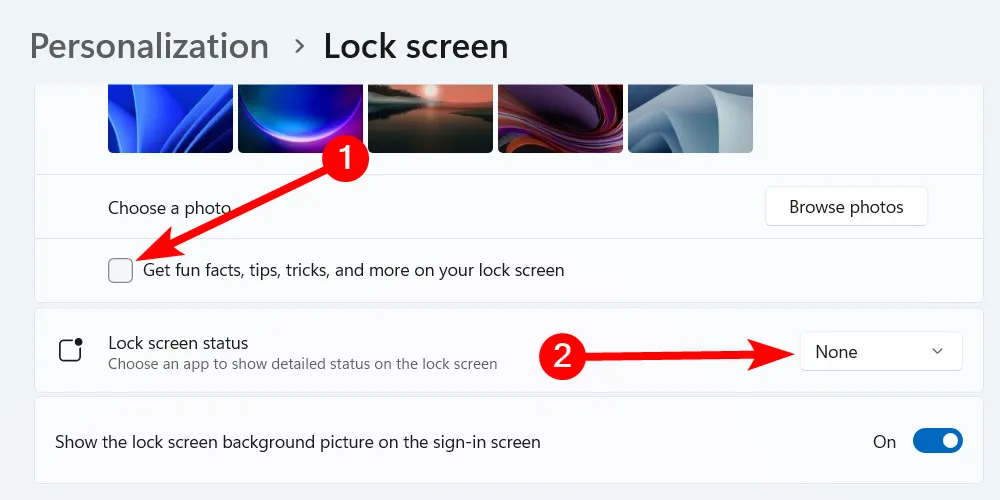 Tắt thông tin và quảng cáo trên màn hình khóa của Windows 11.