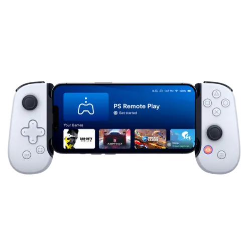 Tay cầm chơi game di động Backbone One PlayStation Edition kết nối với điện thoại Android hiển thị ứng dụng Backbone.