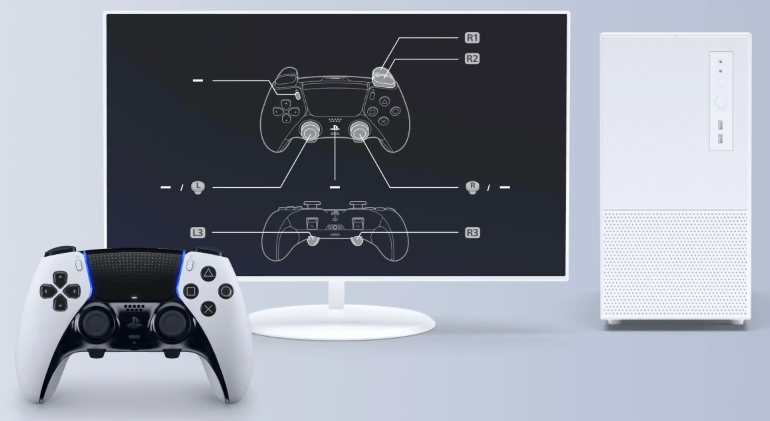 Tay cầm DualSense kết nối với PC qua cáp USB, sẵn sàng cập nhật firmware trên ứng dụng PlayStation Accessories.