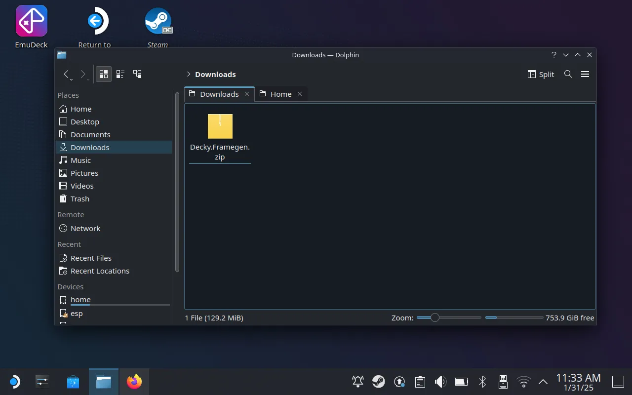 Tệp cài đặt Decky-Framegen trong thư mục Downloads trên Steam Deck