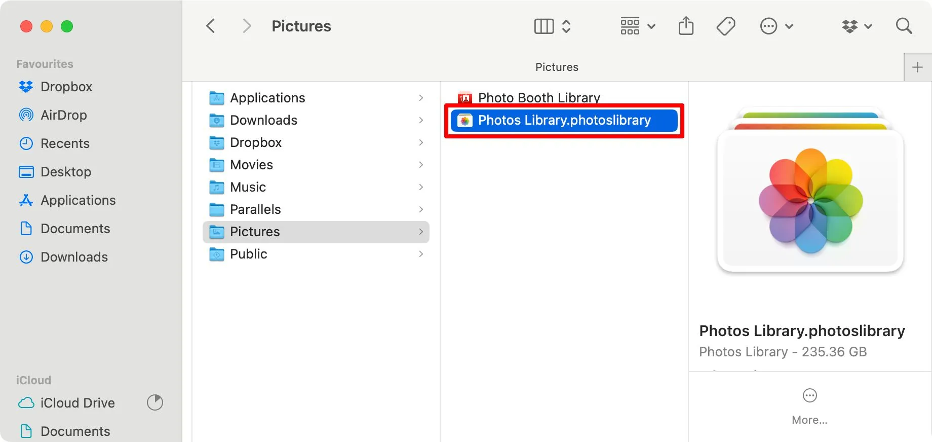 Tệp Photos Library.photoslibrary trong cửa sổ Finder trên macOS.