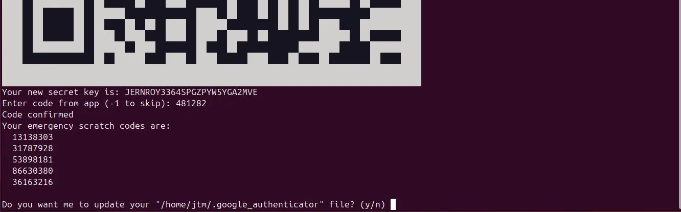 Terminal Ubuntu hiển thị các mã dự phòng (scratch codes) của Google Authenticator.