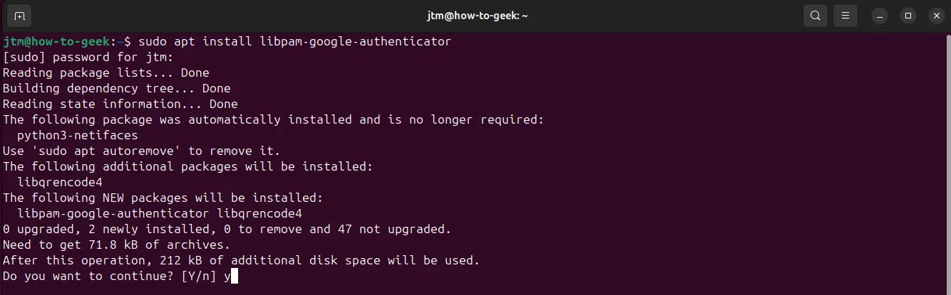 Terminal Ubuntu hiển thị lệnh cài đặt gói Google Authenticator.
