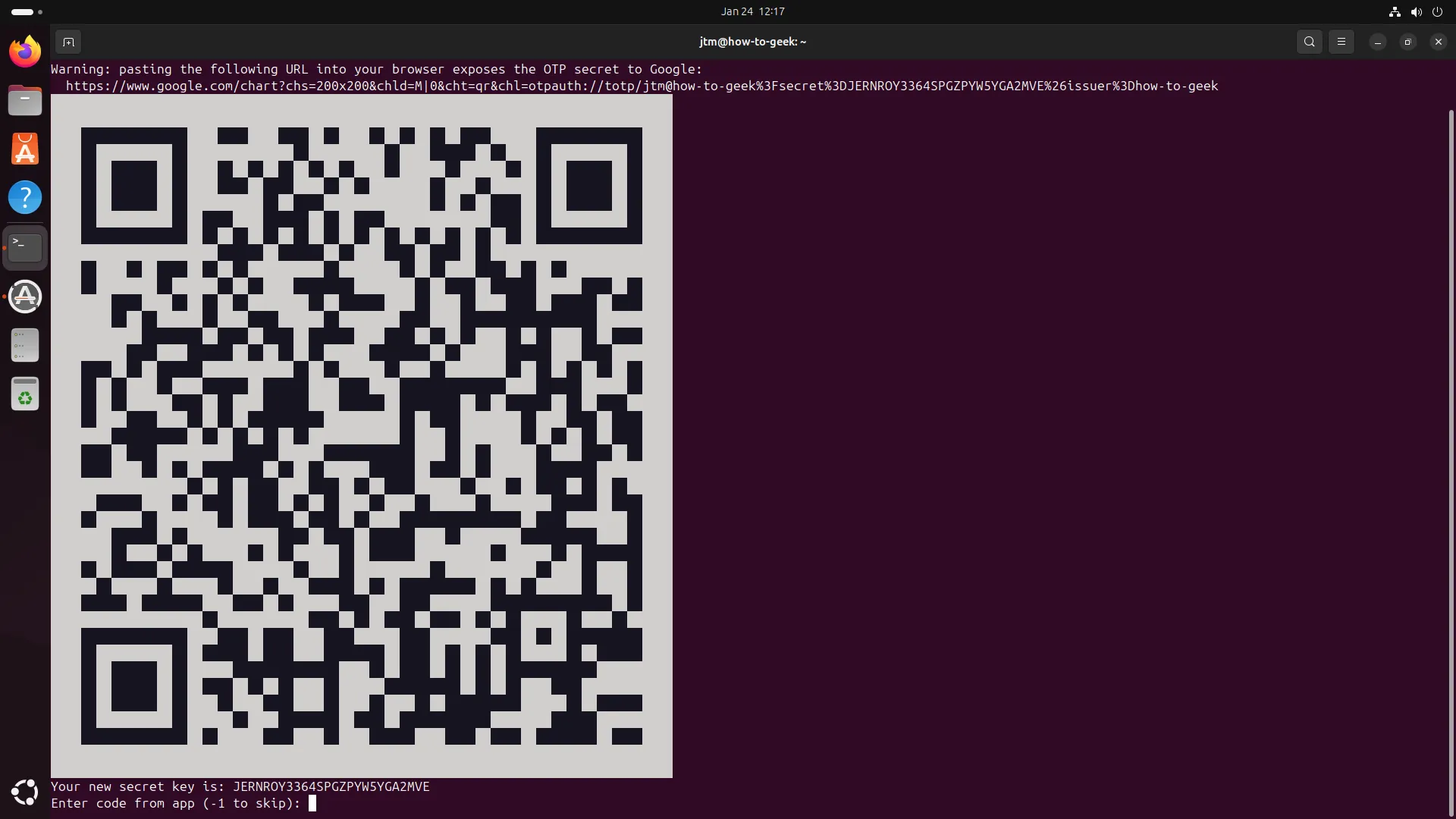 Terminal Ubuntu hiển thị mã QR của Google Authenticator để thiết lập 2FA.