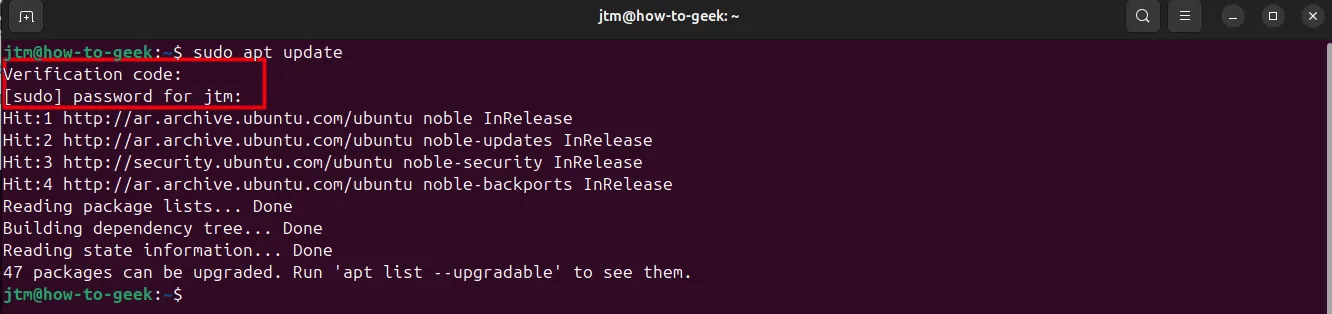 Terminal Ubuntu hiển thị rằng các lệnh sudo sẽ yêu cầu mã 2FA và mật khẩu để xác thực.