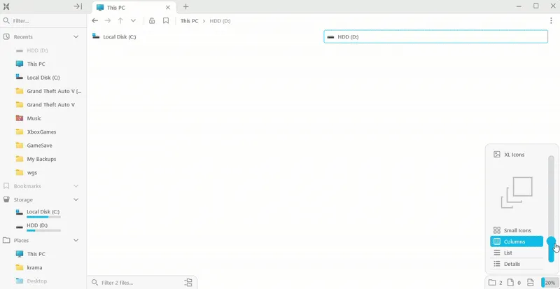 Thanh trượt thay đổi chế độ xem trong File Pilot.