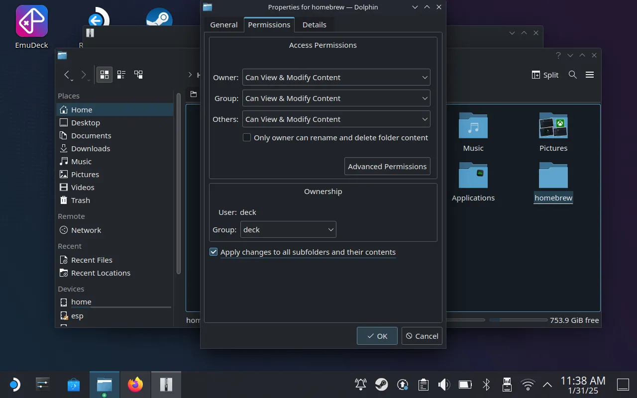 Thay đổi quyền truy cập cho thư mục homebrew để cài đặt mod trên Steam Deck
