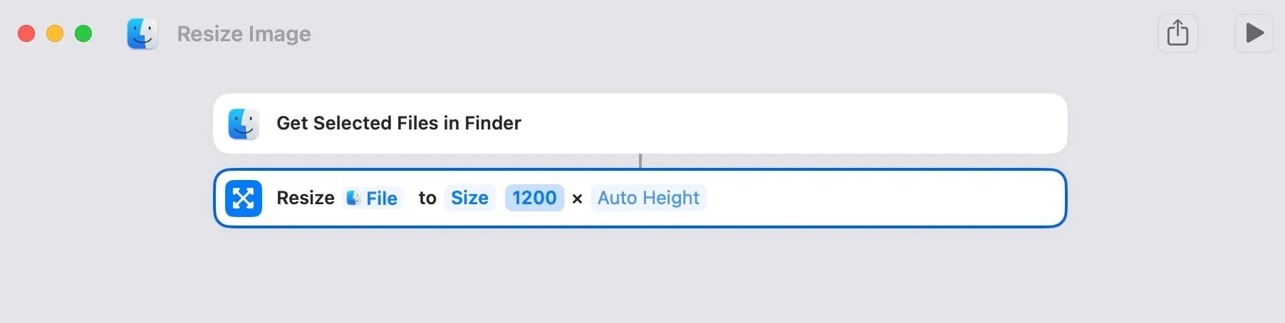 Thêm hành động &quot;Resize Image&quot; vào trình soạn thảo Phím tắt (Shortcuts) và thiết lập kích thước ảnh cho Quick Action tùy chỉnh.